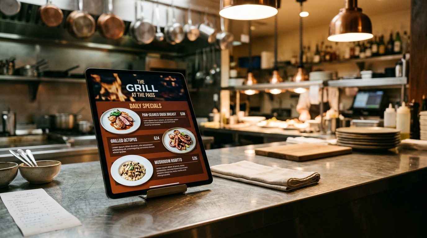 Carta digital en tablet sobre pase de cocina