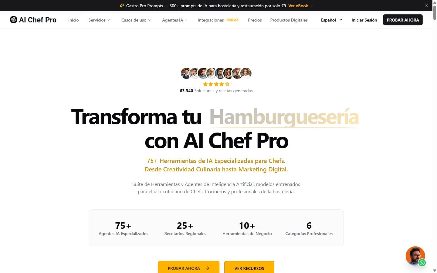 Página de inicio de la web de AI Chef Pro