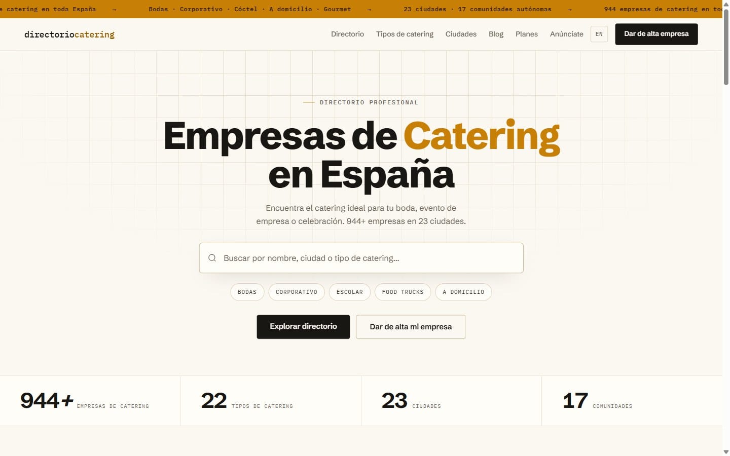 Página de inicio de la web de Directorio de Catering