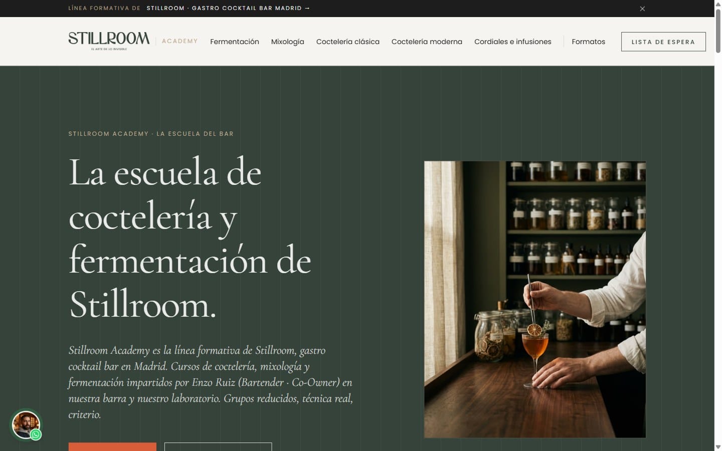Página de inicio de la web de Stillroom Academy