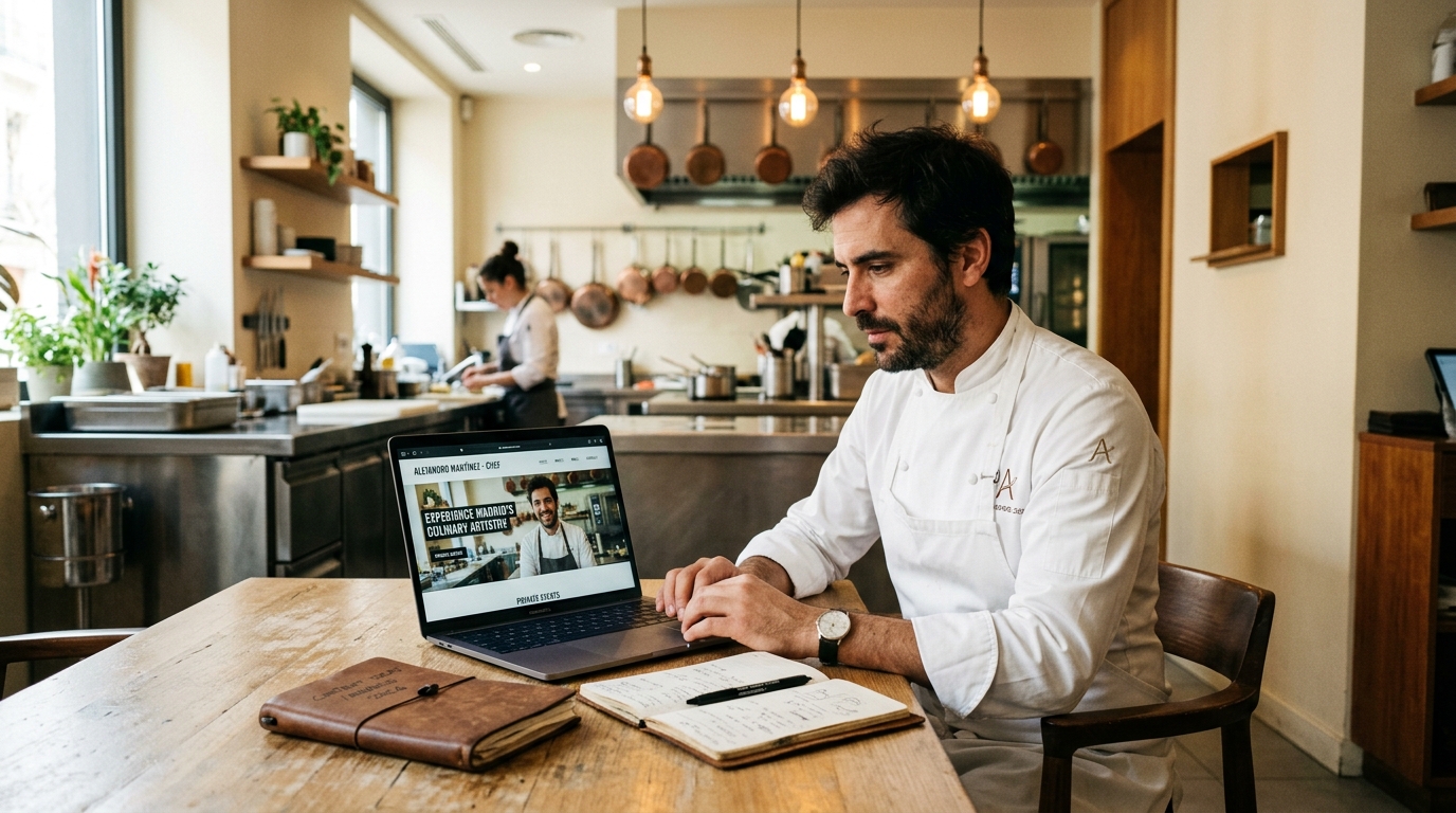 Chef profesional con chaqueta blanca revisando su web personal en laptop