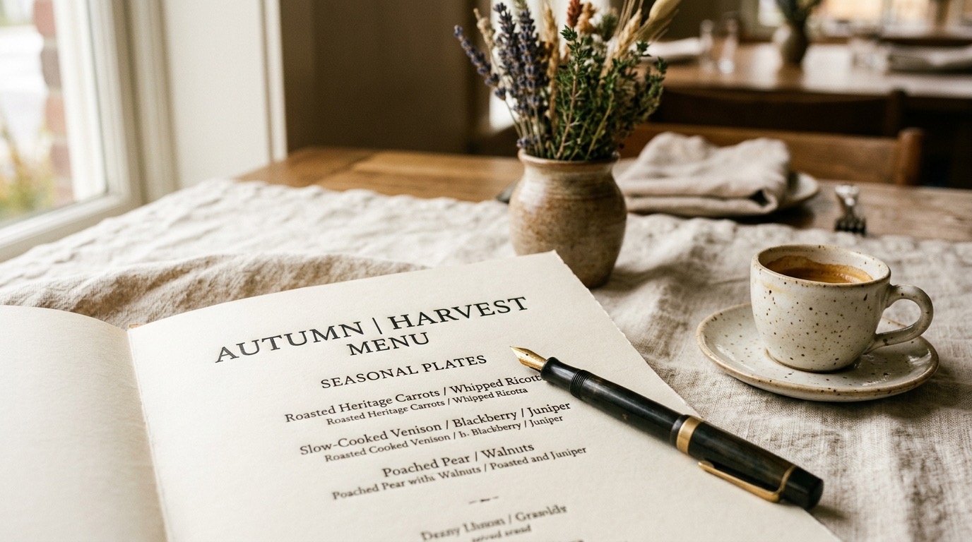 Carta de restaurante de temporada con pluma estilografica y espresso
