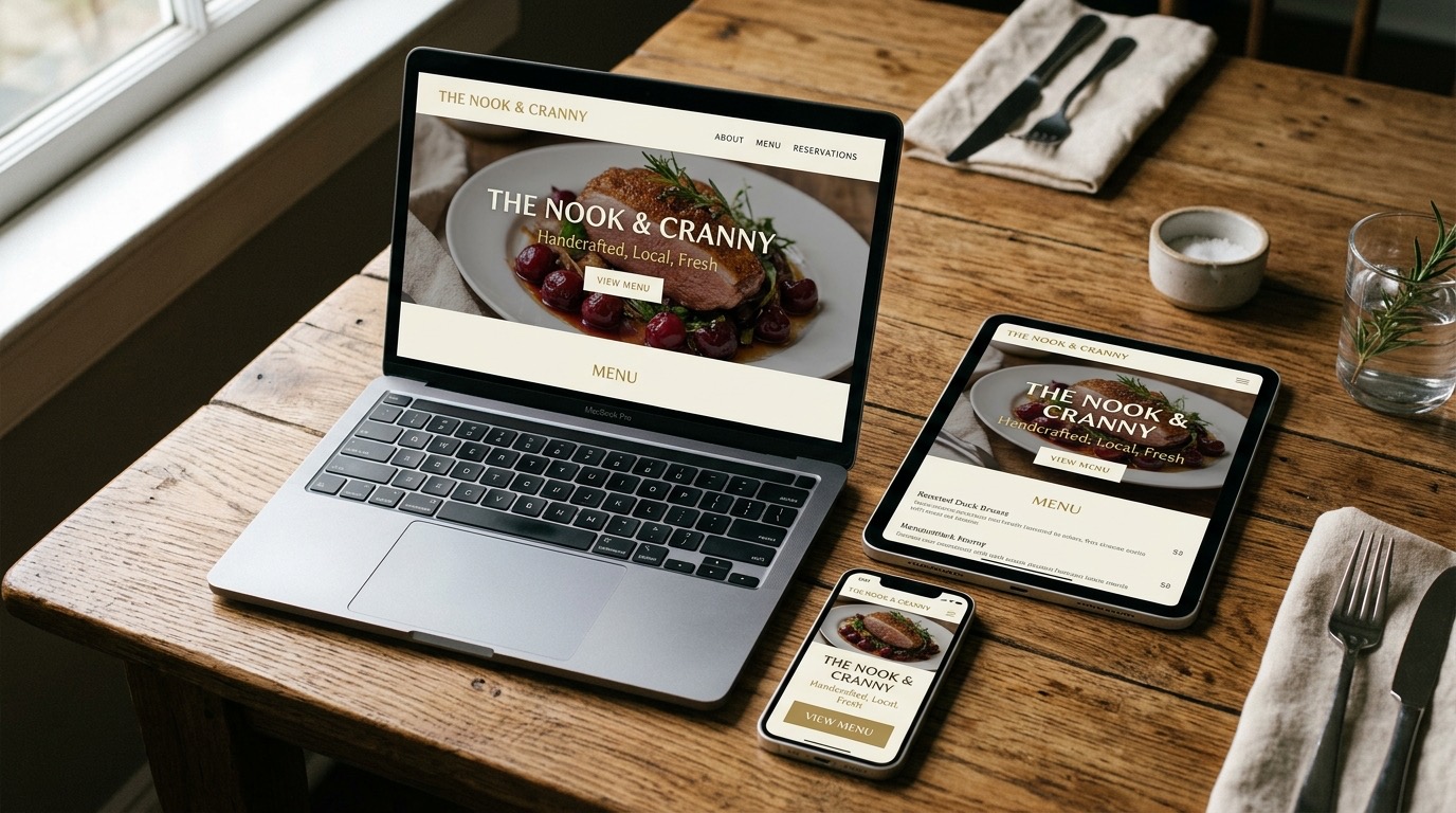 Mockup multi-dispositivo de web de restaurante responsive