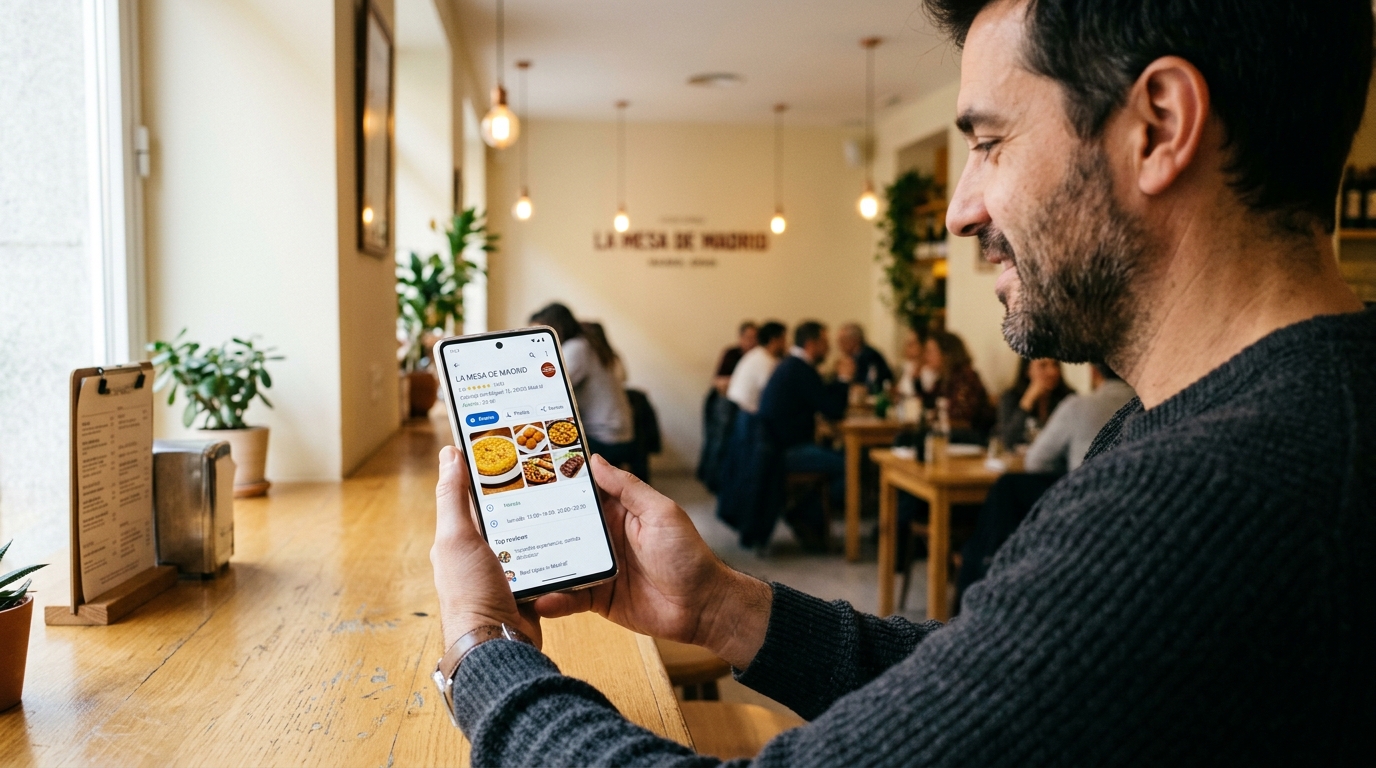 Propietario de restaurante revisando su ficha de Google Business Profile con 5 estrellas en smartphone