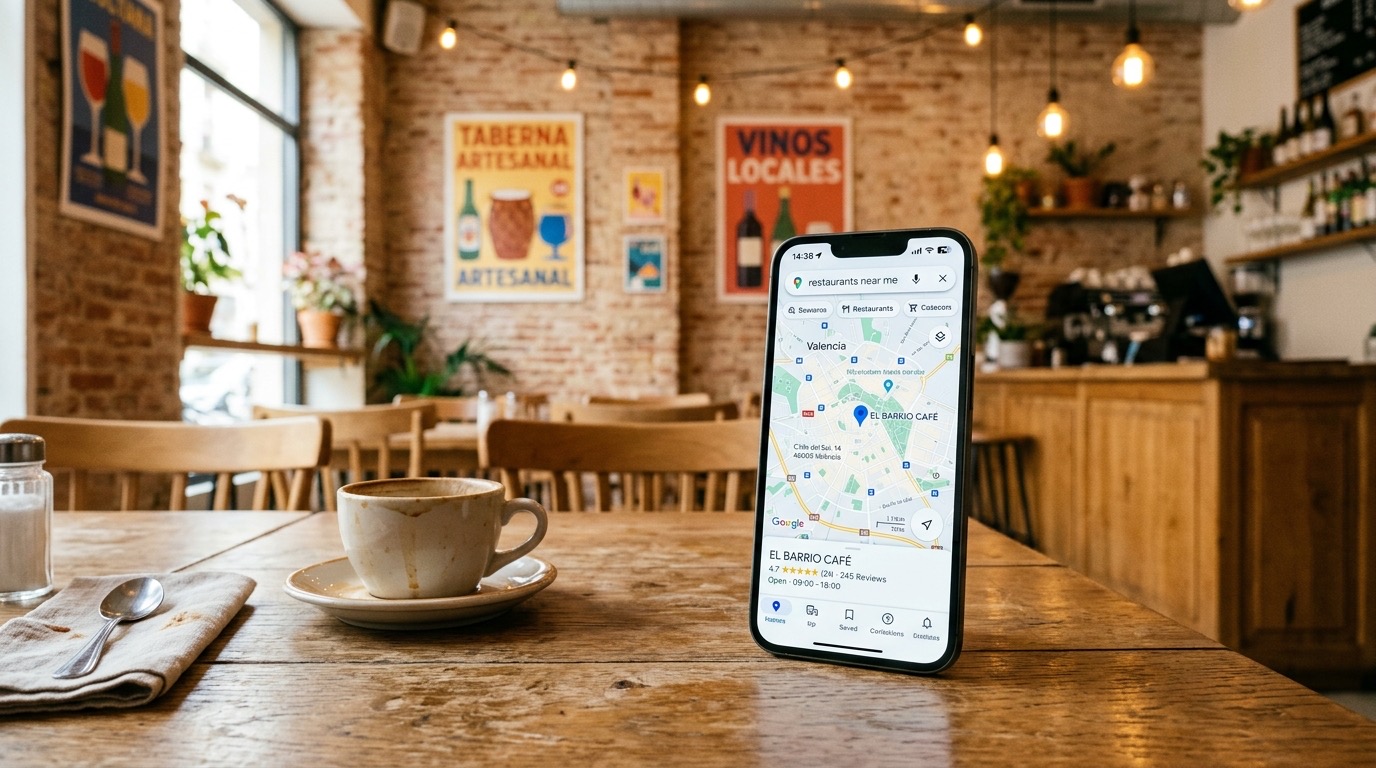 Conversacion de ChatGPT recomendando restaurantes en smartphone sobre mesa de restaurante