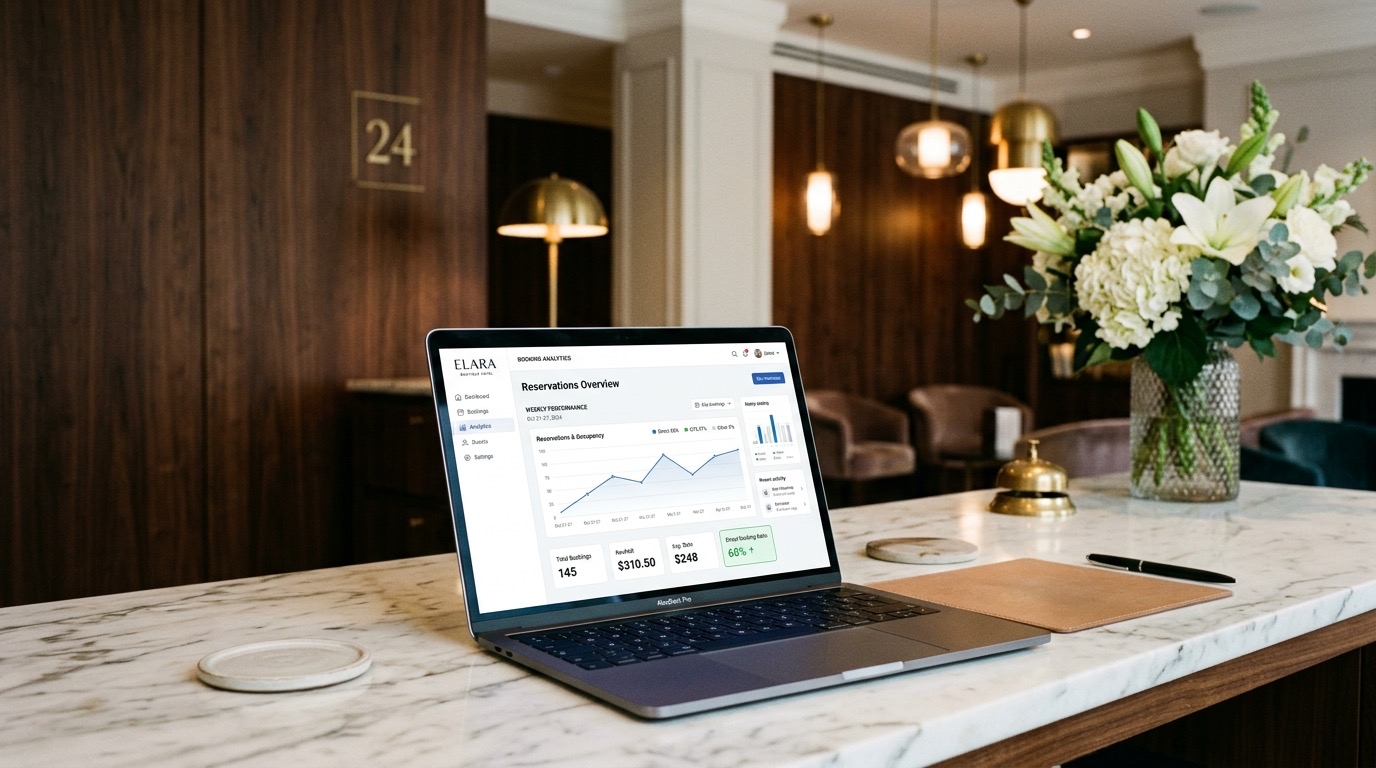 Dashboard de reservas de hotel en MacBook sobre recepcion de marmol
