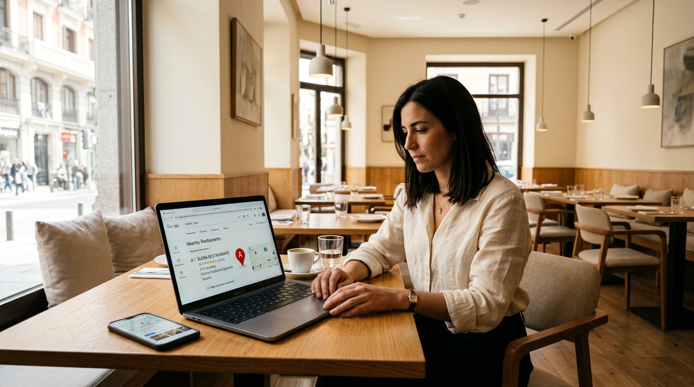 Manager de restaurante en Madrid revisando posicionamiento en Google Maps top 3 local