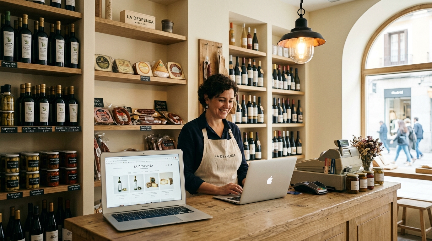 Propietaria de tienda delicatessen en Madrid gestionando web desde el mostrador