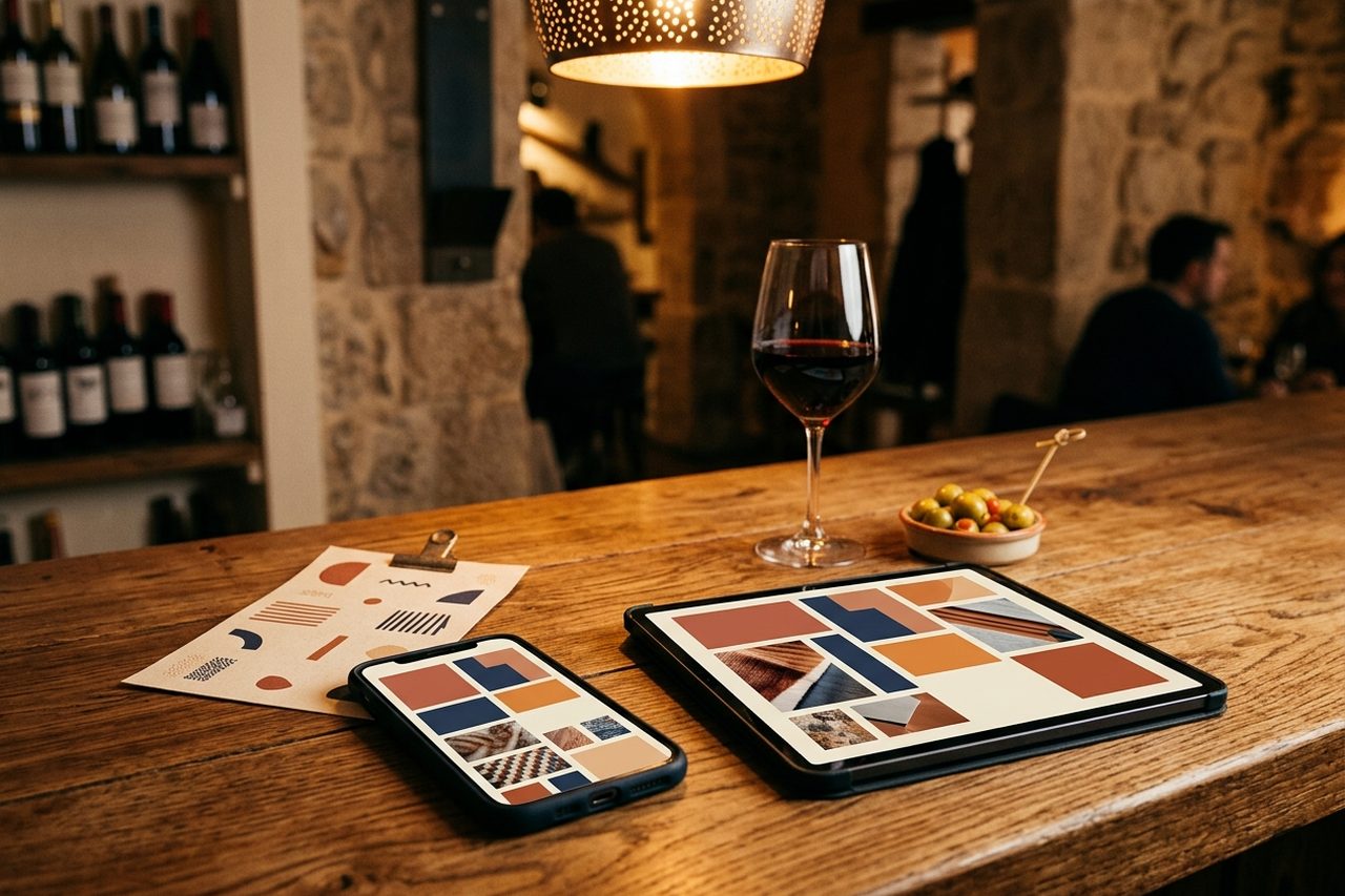carta de restaurante, caja de delivery y rótulo de fachada aplicando la misma identidad visual en tonos cálidos