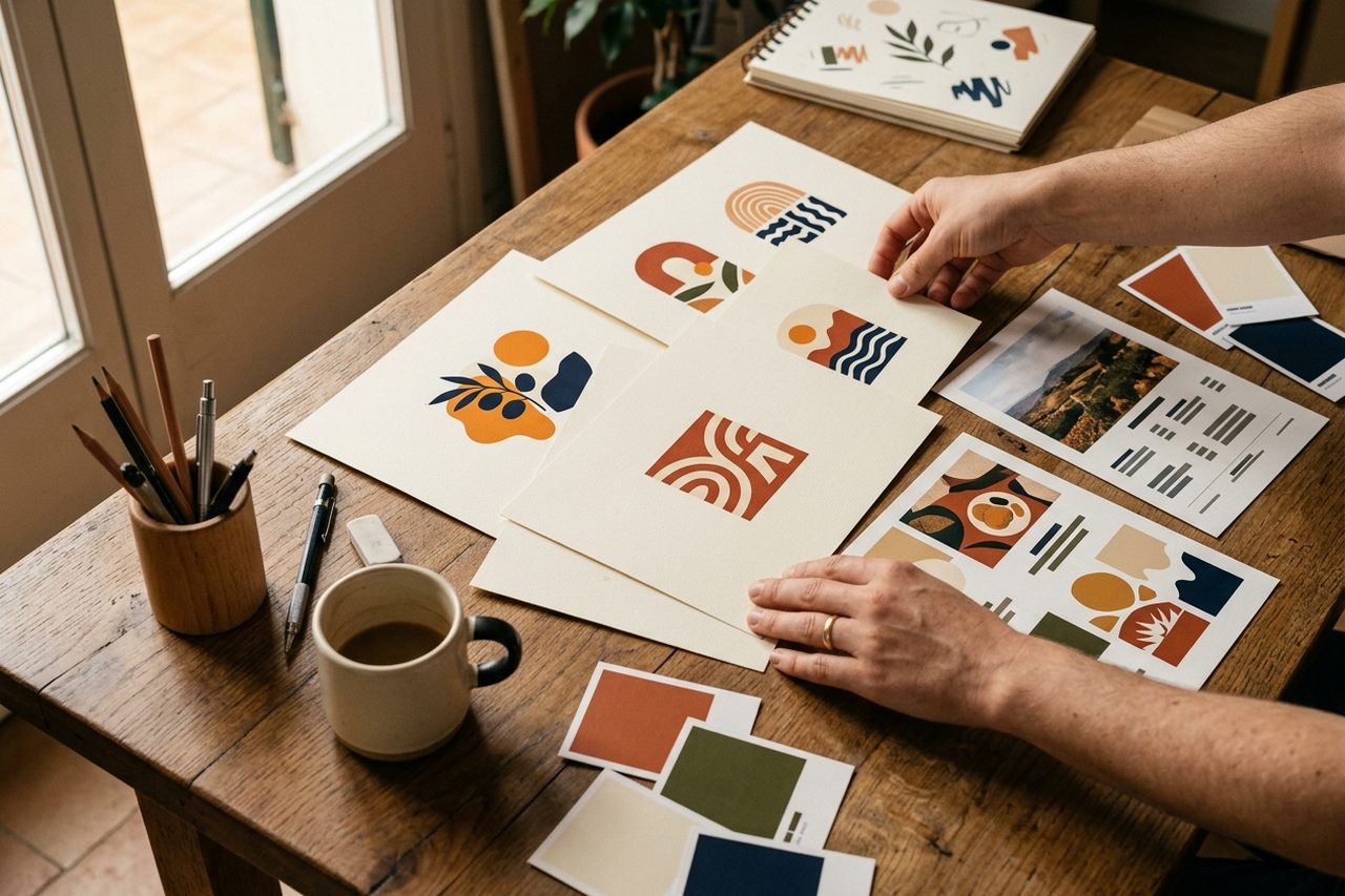 Mesa de trabajo con propuestas de logotipo, muestras de color y carta de un restaurante durante un proyecto de branding