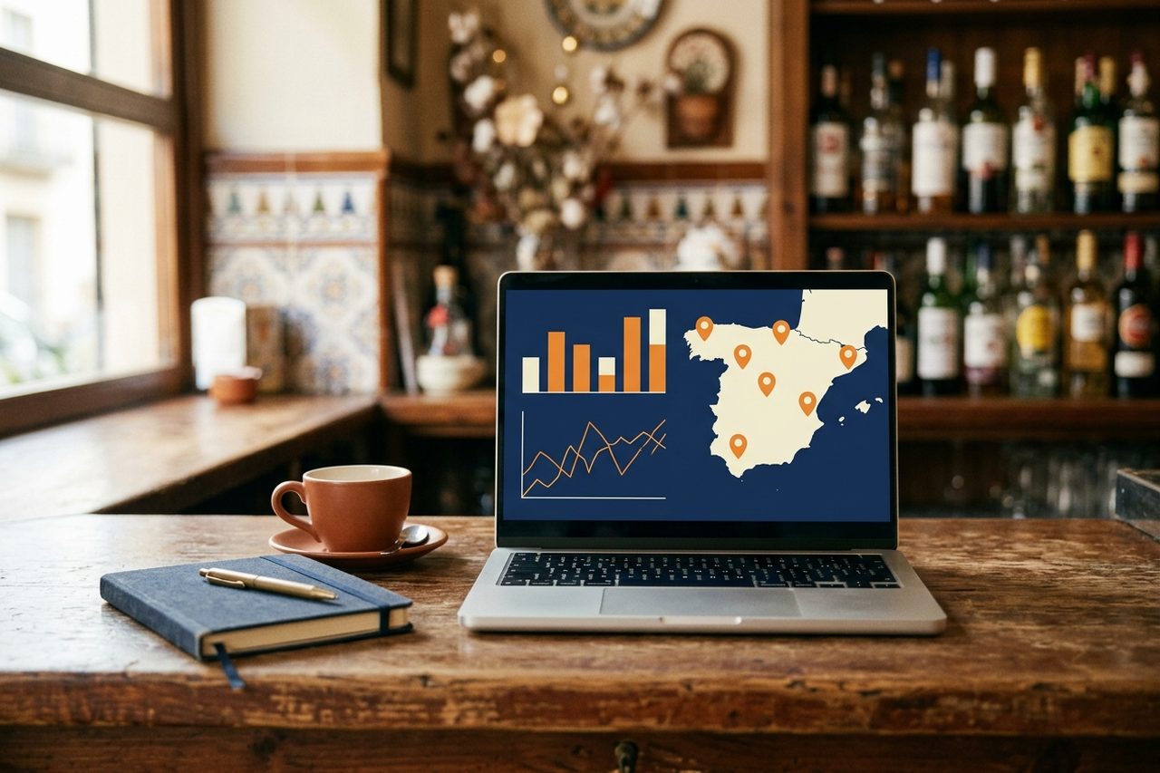 Portátil en la barra de un restaurante con un panel de campañas: gráficos de barras y mapa de España con pines