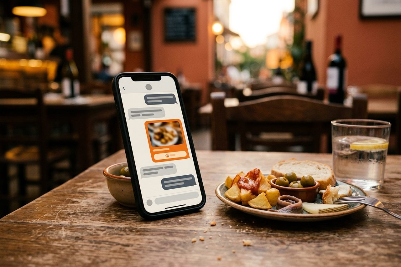 Móvil apoyado en una mesa de restaurante, junto a un plato de tapas, con una tarjeta patrocinada resaltada al final de una conversación de chat