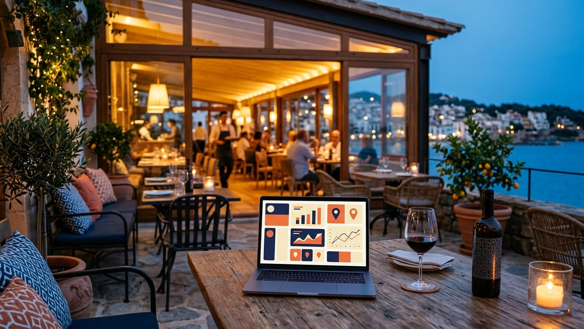 Terraza de un restaurante al anochecer con un portátil que muestra un panel de campañas publicitarias