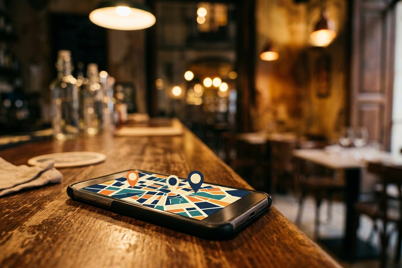 A phone on a restaurant bar showing a map with three restaurants marked in the area