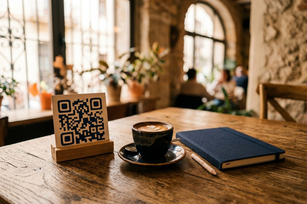 A card with a QR code for leaving a Google review, next to a cup of coffee on a restaurant table