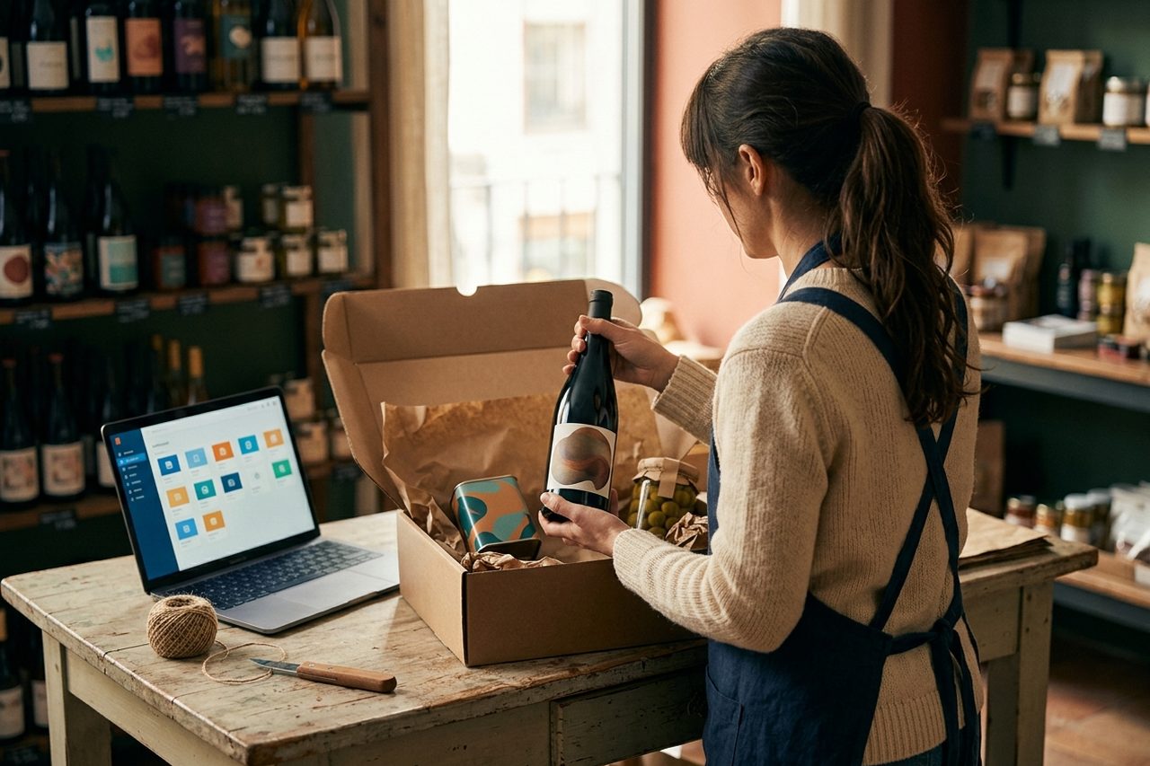 Propietario de una tienda gourmet preparando el envío de un pedido online con vinos y conservas, con el portátil abierto