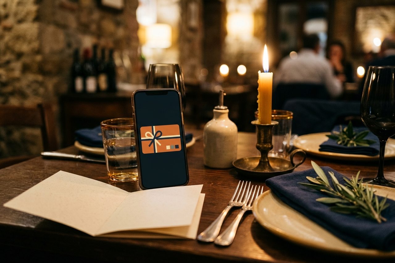 Móvil sobre una mesa de restaurante mostrando un bono regalo digital junto a la carta