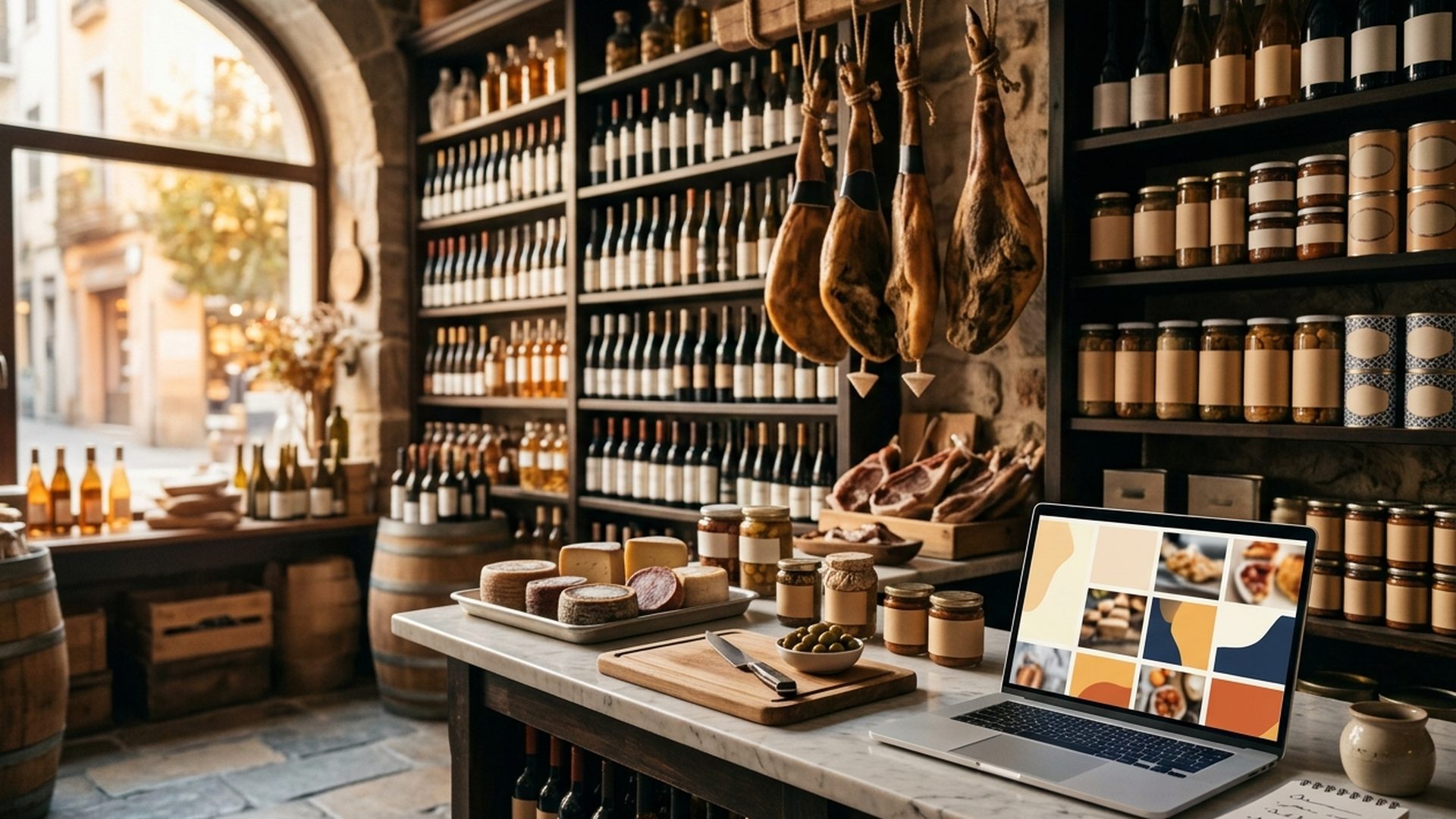 Mostrador de una tienda gourmet con vinos, conservas y jamones, y un portátil con la tienda online abierta