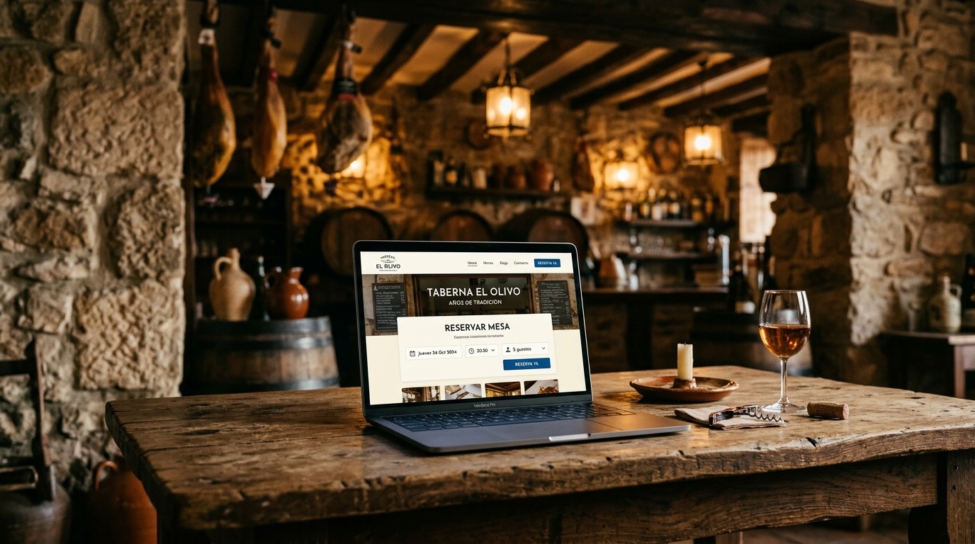 MacBook en taberna sevillana histórica con jamones y barriles