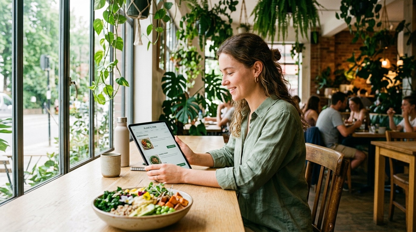 Clienta con tablet ordenando en restaurante vegano lleno de plantas con bowl de quinoa y verduras