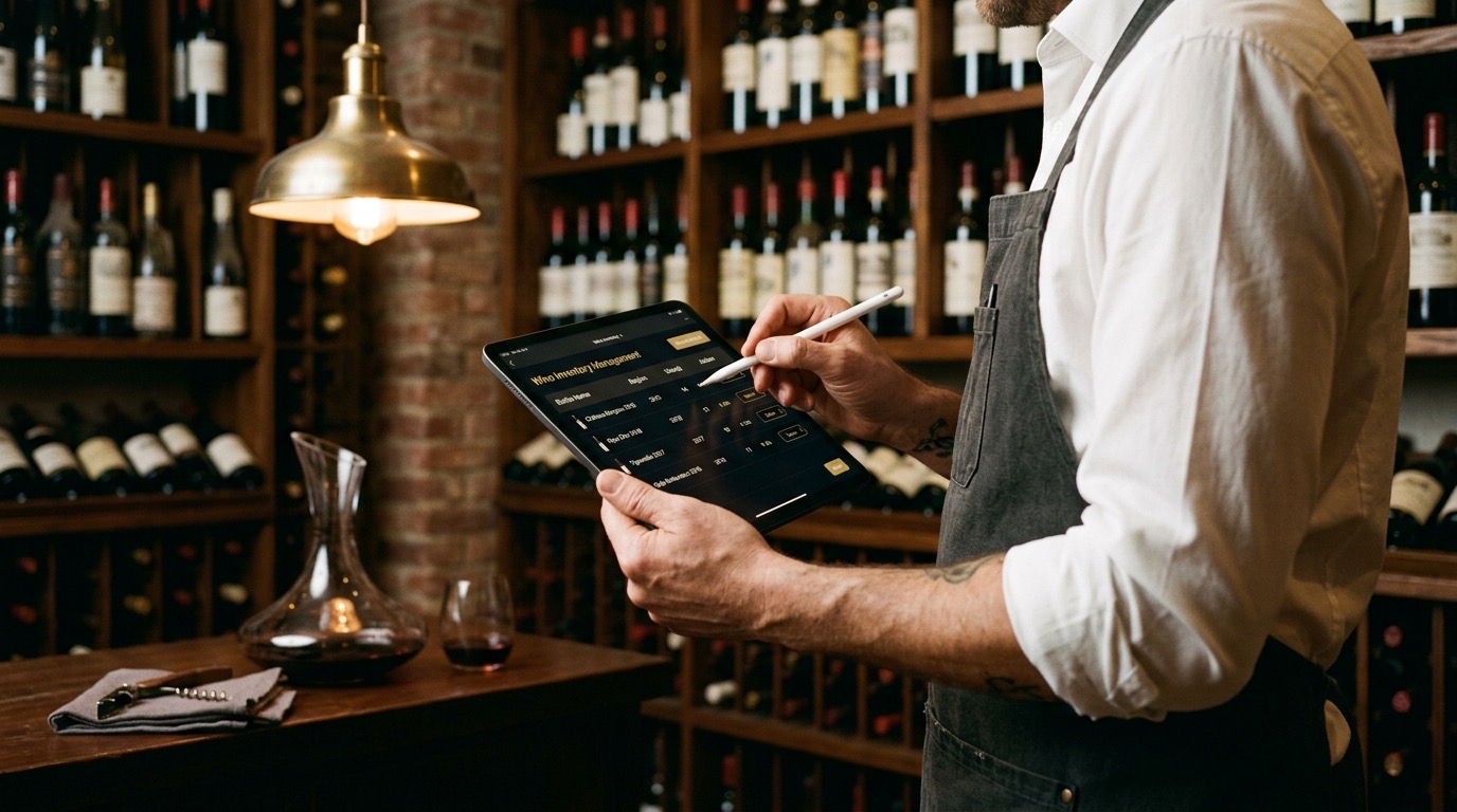 Sumiller con tablet frente a estanterias de vino en vinoteca